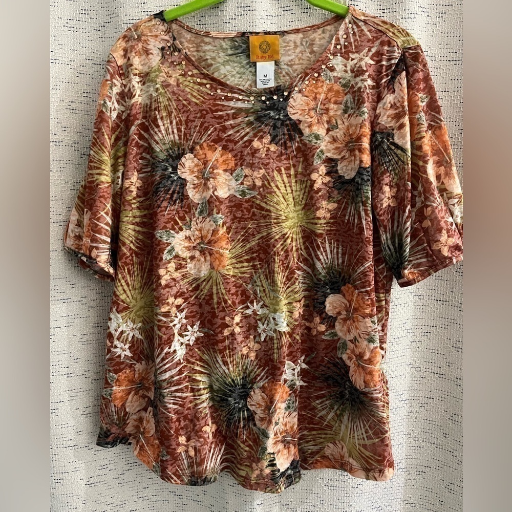 Ruby Rd. Rust Floral Rhinestone 
Accent Short-Sleeve Top - Picture 2 of 6
